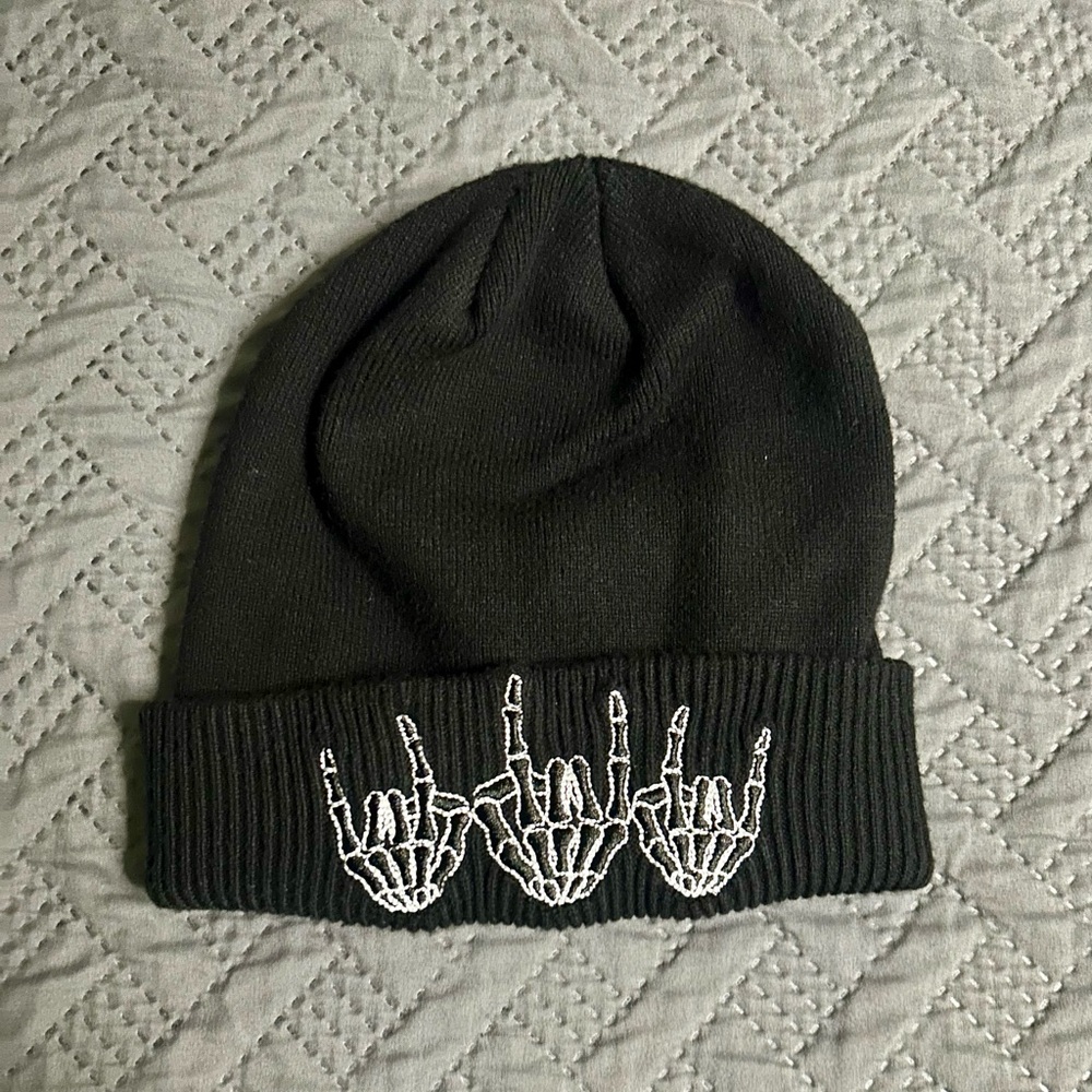 Women’s Black Beanie with Skeleton “Rock On” Hand Sign